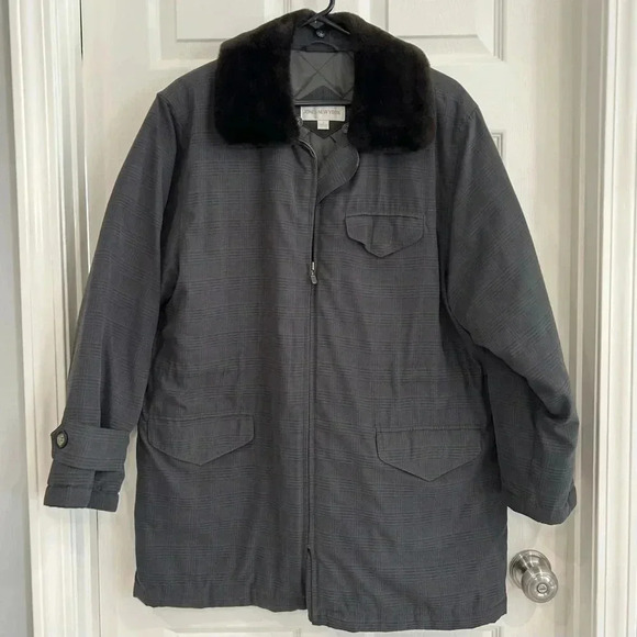 VTG 90s Jones New York Coat Size M Zip Cut Faux Fur Collar Waist Cinch Pockets - Picture 1 of 17